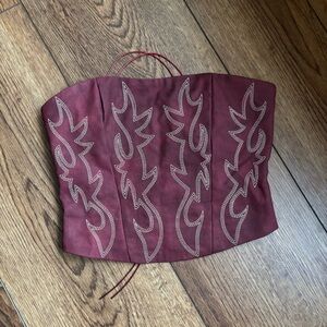 Tic Toc Embroidered Burgundy Faux Leather Corset Top